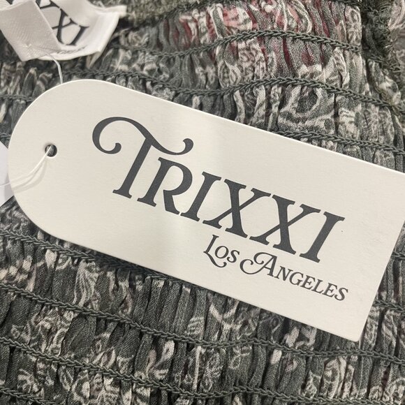 TRIXXI Green Floral Smocked Long Sleeve Midi Dress Square Neck Cottagecore M - Picture 10 of 11